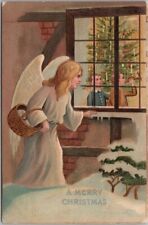 MERRY CHRISTMAS Embossed Postcard Angel at Window / Xmas Tree Scene 1908 Cancel picture