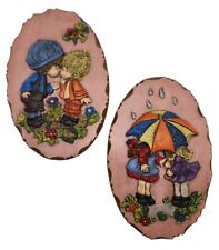Vtg Chalkware Oval Wall Plaques Kitschy Holly Hobby Kissing Pair & Best Friends picture