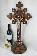 Antique XL  French 1900 Tramp art folkloric handwork crucifix religious  picture