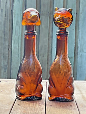 1968 Italian Empoli Dark Amber Glass Dog & Cat /Tiger Genie Bottle Decanter 29cm picture