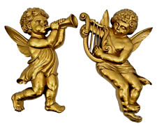 Vintage Gold Heralding Cherubs MCM 1960s Hollywood Regency Syroco Wall Plaques picture