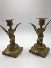 Brass Egyptian Revival  Pair Of  Sphinx Candlestick Holders picture