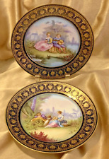 Pair SEVRES 1844 Chateau Tuileries Courtship Plates Cobalt Blue Gold Gilded Love picture
