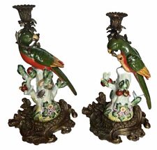 Vintage Ormolu Brass & Porcelain Parrot Candlesticks Hollywood Regency Boho picture