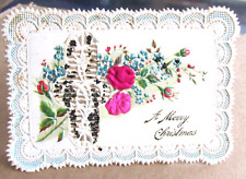 Victorian Embossed Cut Edge Silk Rose Glitter Merry Christmas Card, Calling Card picture