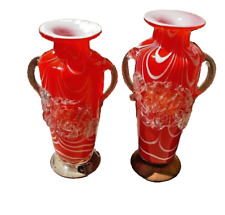 2 PCS VINTAGE RED CRANBERRY OPALESCENT ART GLASS FLOWER VASE  COLLECTABLE picture