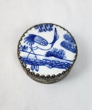 Asian Loon Bird Chinese Porcelain Shard Silver Trinket Box Blue White  picture