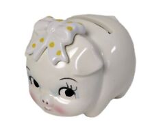 VINTAGE Lefton China Piggy Bank Coin Bank Yellow Bow Pink Cheeks Adorable VGC picture