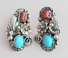 Beautiful Native American FA Navajo Sterling, Turquoise & Coral Floral Ear Rings picture