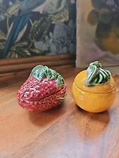 RARE Vintage Bordallo Pinheiro Majolica Orange & Strawberry Sugar Bowl Jam Jars picture