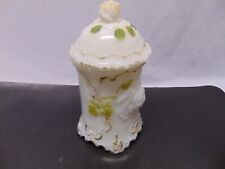 Antique dithridge Green Flower gold trim Milk Glass Dress jar w/ lid Rose emboss picture