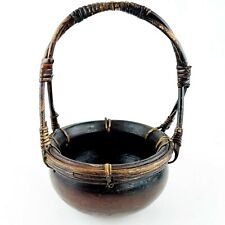 Vintage Redware Pottery Pot Basket With Woven Wood Handle Handmade Rustic 13