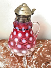 Antique Victorian White Opalescent Cranberry Coin Dot Art Glass Syrup Pitcher picture