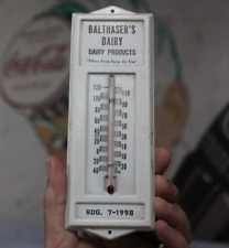 1950s PA BALTHASER'S DAIRY PRODUCTS PAINTED METAL THERMOMETER SIGN 6-1/2