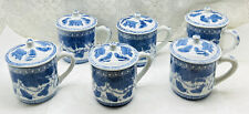 Set Of 6 Chinese Blue & White Porcelain Tea Cups with Lids Butterflies picture