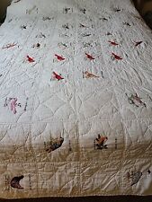 Vintage 50 State Bird Quilt,  Hand Quilted, Hand Embroidered, White, 90