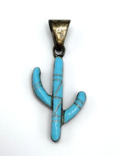 Vintage Native Zuni Sterling Silver Turquoise Inlay Cactus Pendant picture