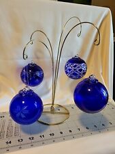 4 Vintage Cobalt Blue Cut to Clear Bohemian Glass Christmas Ornaments Estate  picture