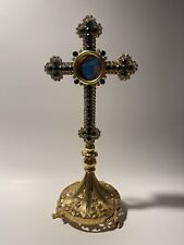 Exceptional Brass Cross Alter Reliquary Crucifix Jeweled Catholic Relic 12.5