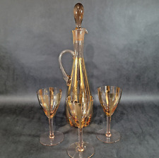 Vintage Pink Glass Decanter Stopper 3 Cordial Glass Set Gold Mid Century Barware picture