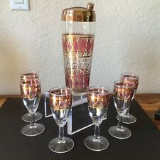 MCM West Virginia Glass 22K Gold Embossed Cocktail Shaker & 6 Matching Glasses picture