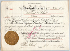 Helena National Bank, Montana 1891 Stock Certificate Cert# 234 for 3 Shares picture