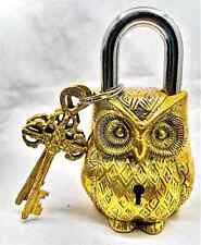 Real Antique Brass Owl Vintage Padlock with Working Key Rare Old Style lock picture