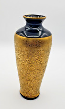 Hand Blown Black Amethyst Glass Vase Gold Etched Roses & Doves Design 8.5