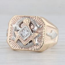 Vintage 0.10ct Diamond Masonic Ring 14k Gold Square Compass Signet Plum Trowel picture
