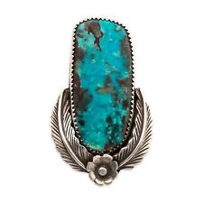 LARGE NATIVE AMERICAN STERLING BISBEE TURQUOISE APPLIED FLOWER & LEAF RING 5.25 picture