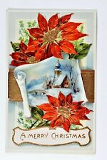Beautiful Glossy Painted A Merry Christmas Poinsettia Snowy Church Postcard picture