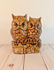 VTG Whimsical Duo of Glazed Ceramic of Owls on Tree Stump Nature Lover Hiking picture