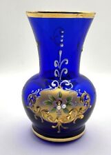 Vintage Italian Venetian Style Golden Cobalt Blue Hand Painted Glass Vase Floral picture