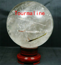 3.99lb NATURAL CLEAR QUARTZ CRYSTAL WITH TOURMALINE SPHERE BALL STAND 106mm picture