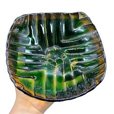 Hand Blown Art Glass Bowl Dish Centerpiece Hand Made Dark Green Amber Glass 9