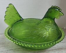 Vintage 60s MCM INDIANA GLASS Oval Green Glass Hen Chicken on Nest Dish picture