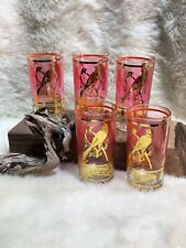 Mid Century Modern 22K Gold & Flamingo Pink Highball Glasses+5 with spiral caddy picture