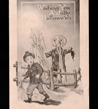 A Jolly Halloween Gibson Art Haunted JOL Pumpkin Scarecrow Boy Antique PostCard picture
