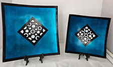 Set of 2 Blue Wood Lacquer-ware Square Tray /Plate Shiho-Bon Japenese Inlaid MCM picture