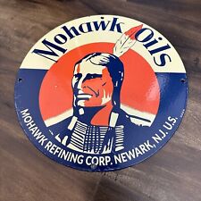 VINTAGE MOHAWK OILS  REFINING CORP IINDIAN  12” PORCELAIN METAL GAS OIL AD SIGN picture