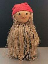 Vintage Wooden Gnome Figurine Sweden Handmade Hand Painted pixie girl rope hair picture