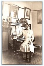 Woman Baldwin Piano Postcard RPPC Photo Parlor Interior c1910's Unposted Antique picture