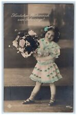 c1910's Birthday Little Girl With Flowers Bouquet And Letter RPPC Photo Postcard picture