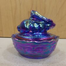 McKee SUMMIT Cobalt Blue Iridescent Carnival Glass Rabbit On Nest SALT Cellar picture