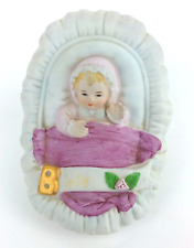 Enesco Growing Up Birthday Girl B Baby in Woven Basket Porcelain 1983 Pink picture