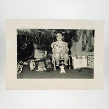 Christmas Girl Holding Dolls Photo 1940s Little Lady Tree Baby Buggy Toys A4231 picture