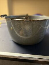 Antique Gray Graniteware Enamelware Bucket Stew Pot Kettle w Wood Handle picture