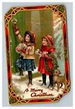 Vintage 1910 Tuck's Christmas Postcard - Cute Kids & Puppy Deliver Gifts Wreath picture