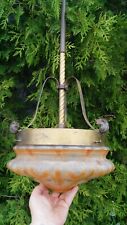 Antique 1900 6' Brass Ceiling Fixture Light Hanging Lamp & Reverse Painted Shade picture
