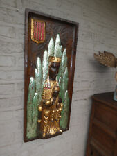 XL french Religious wood carved plaque Notre dame Montserrat black madonna picture